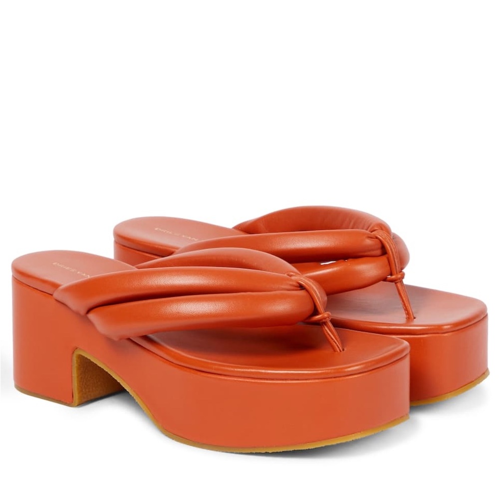 Dries Van Noten Leather Platform Thong Sandals in Vermillion